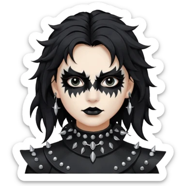 Crea una ragazza con stile black metal,  paint face black metal, capelli neri, mossi dalle spalle e occhi bianchi e un collare con borchie a punta sticker