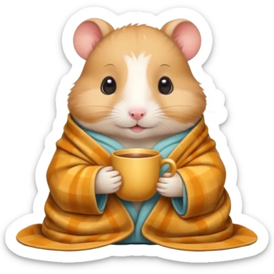 Cute cartoon-style hamster wrapped in a cozy blanket, holding a cup of tea, relaxed expression. Painterly shading, white background, sticker-style illustration sticker