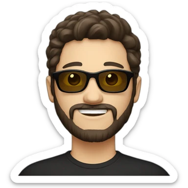 person short dark brown hair, goatee style beard with sunglasses. White background, simple black tshirt. smiling. white skin sticker