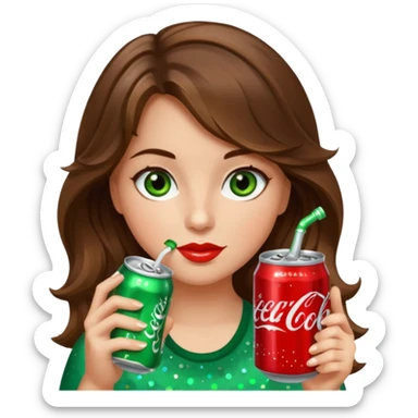 Girl with brown wavy hair green-brown eyes drinking a bedazzled Diet Coke  sticker