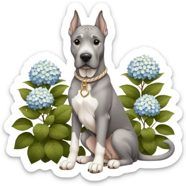 Gray Great Dane with natural ears white rope collar and rope Leash with gold accents sotting near a white hydrangea bush  sticker