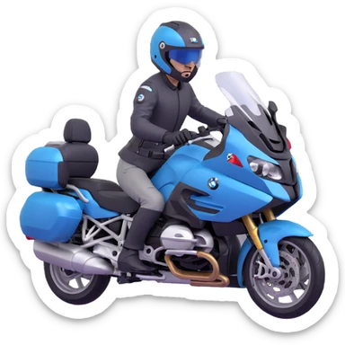 BMW R 1200 RT touring motorcycle with rider wearing helmet sticker