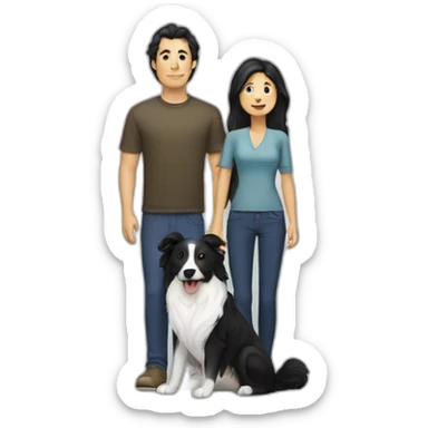 Family formed by a White man and a White woman with long black hair and a small black border collie dog sticker