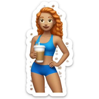 Ginger girl in blue sports bra and leggings drinking iced coffee sticker
