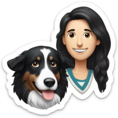 aa family photo a a family photo of a 30-year-old boy with very long black hair next to a black and white border collie sticker