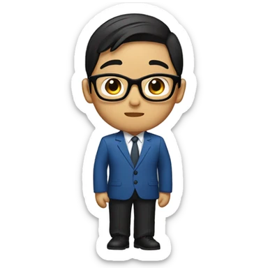 Asian boy with fair skin, short black 2:8 hair, wearing a blue suit and black glasses sticker