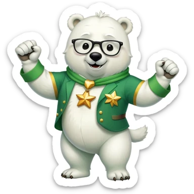 full body friendly anthropomorphised polar bear smiling, wearing large multicolored star-shaped glasses and festive St. Patrick's Day outfit, raising a fist in celebration sticker