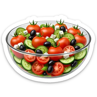 mediterranean salad bowl object icon, served in a transparent glass bowl, tomatoes, cucumbers, olives, feta cheese, olive oil dressing, glossy fresh look, 3D cartoon, mobile game icon style, centered, clean background, soft shadow, no text, no watermark sticker