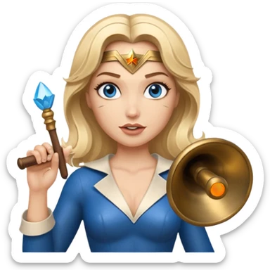 Blonde blue eyes Wonder Woman holding bell and short white orchestra conductor’s baton  sticker