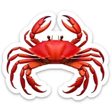 Cinematic Noble Red Crab Portrait Emoji, Poised and commanding, with a sturdy, angular exoskeleton of vivid scarlet red and sharply defined pincers, deep-set, intense eyes on stalks, Simplified yet sharp and sophisticated features, highly detailed, glowing with a soft, oceanic glow, high shine, intelligent and formidable, stylized with an air of coastal authority, focused and alert, soft glowing outline, capturing the essence of a watchful crustacean guardian that appears ready to scuttle out of the screen with determined power! sticker