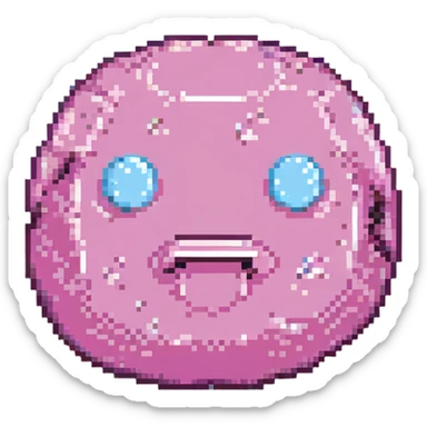 16-bit pixel art of a pink frowny face smooth rounded blob, simple retro gaming style sticker