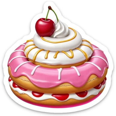 Round donut with smooth shade pink icing and thin white drizzle lines, golden-brown dough visible on the sides.
White whipped cream dollop in the center topped with a glossy red cherry and stem, clean studio lighting, pure white background, realistic minimal emoji-style. sticker