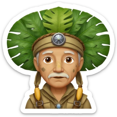 a old explorer with jungle wearing a large leaf headgear bye  sticker