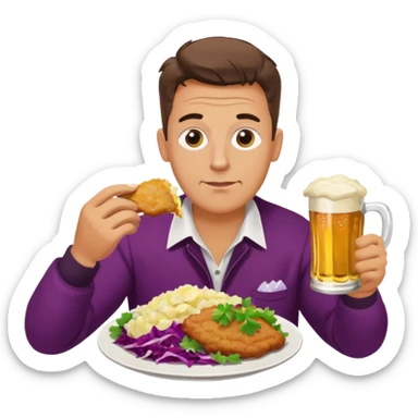 German man eating schnitzel, potato salad, red cabbage, sauerkraut, and beer sticker