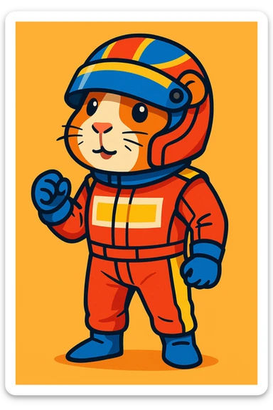 guinea pig in a Formula 1 racing suit and helmet, full body, detailed cartoon sticker
