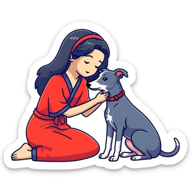 Only ONE beautiful 25-year-old Japanese woman with long flowing black hair wearing a stylish BLUE beach dress, gently PETTING her ONE PURE SOLID DARK GREY whippet with a bright RED COLLAR on a sunny beach. The woman is kneeling or bending down to pet the whippet, with her hand lovingly stroking the dog's head or back. The single whippet MUST be 100% SOLID DARK GREY with ABSOLUTELY NO WHITE MARKINGS ANYWHERE - specifically NO WHITE on face, NO WHITE on chest, NO WHITE on paws - ENTIRELY ONE CONSISTENT SOLID DARK GREY COLOR throughout. Just one woman and one dog. Bright blue daytime sky, sunshine, blue ocean and golden sand beach in the background. sticker