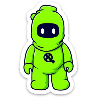 cool bearbrick wearing a vibrant lime green balaclava with a dark symbol sticker