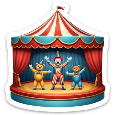 Professional icon for Circus Arts: a dynamic circus stage with acrobats in mid-performance, a clown and trained performing bears. The icon should convey the skill and excitement of the circus, with precise details on costumes, props, and the arena setting. Transparent background. sticker