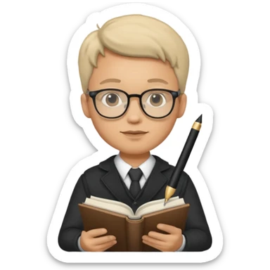 man hold a pen in hand write in book , wearing glasses sticker