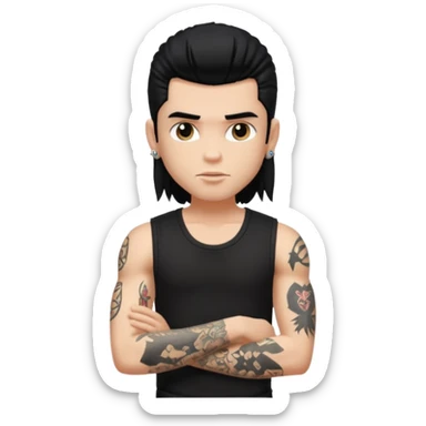 a pretty bratz guy with a black mullet and a sleeveless black top with tattoos on arm sticker