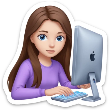 beautiful girl with long brown hair, blue eyes and wearing light purple clothes playing computer games sticker