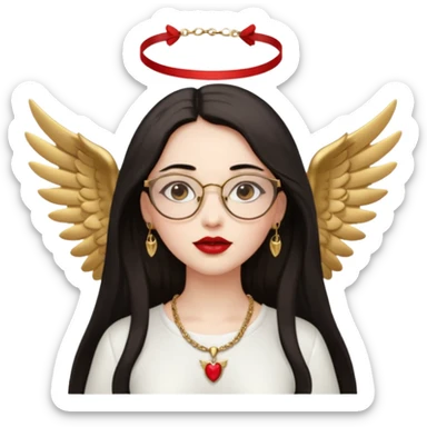 Angel girl with eyeglasses and long dark hair with red lipstick  and push gold necklaces and dark eyes with withe wings sticker