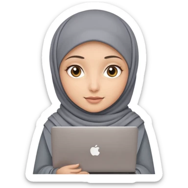 A girl wearing a gray hijab and with hazel eyes is carrying a laptop, not a laptop, just a regular laptop. Not mat bock  sticker