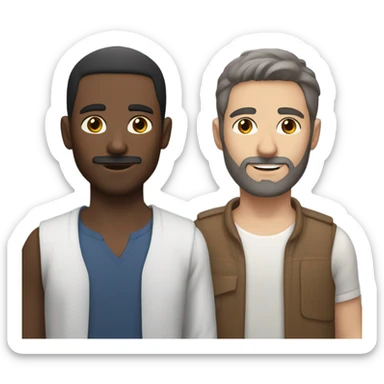 gay couple. One Middle Eastern brown fem guy skinny has mid-long cherry hair, and the other guy is a tall slim white British guy with a light dark beard. Show only the faces sticker