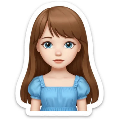 A pale girl with very long brown hair with bangs and a layer longer than that, wearing a cute sky blue dress and cute doll makeup.  sticker