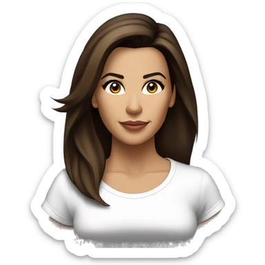 3/4 face, contrasted, shadow, light, Eva Longoria expression, standing from a distance, thin nose, brunette woman, hazel eyes, long eyelashes, dark shoulder shaded hair, white t-shirt, jeans, white sneakers sticker