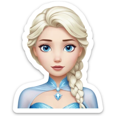 Cinematic Realistic Elsa Portrait, depicted with lifelike skin texture, soft natural lighting, and intricately detailed platinum blonde hair styled elegantly. Her striking, expressive blue eyes exude confidence and grace, complemented by a serene and regal expression. She is dressed in her signature icy attire, with shimmering fabric textures and delicate folds that catch the light beautifully. The portrait features a soft, enchanting glow with a cool, radiant finish, capturing the essence of timeless elegance in a realistic and painterly style, evoking a sense of depth and authenticity. sticker
