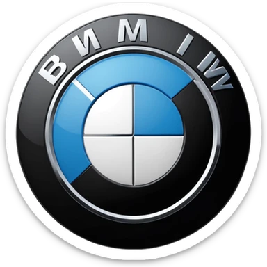 A clean, circular car logo inspired by BMW, with a black outer ring, inner circle divided into four equal quadrants, alternating blue and white colors, bold white letters on the black ring, glossy finish, minimal background, high resolution, professional automotive logo style sticker