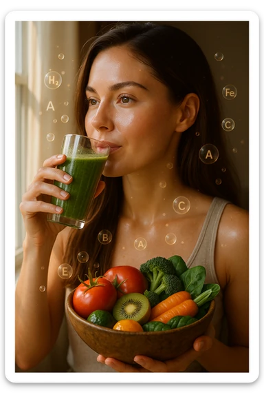A highly realistic, cinematic portrait of a young woman in her late 20s with glowing, clear, healthy skin and a vibrant scalp with strong, shiny hair, symbolizing internal health reflecting outward. She has a calm, confident expression while sitting by a window with warm daylight softly illuminating her face, highlighting smooth, hydrated skin with a natural glow. Her hair appears clean, full, and strong, indicating a healthy scalp and balanced sebum production. She is drinking a glass of green smoothie rich in antioxidants and holding a bowl of colorful fruits and vegetables, symbolizing how internal nutrition supports skin and scalp health. Subtle, softly glowing overlays of molecular symbols for vitamins, minerals, and hydration molecules gently swirl around her, visually representing the concept of beauty and skin health from the inside out. Style: 35mm hyperrealistic film look, warm tones, soft depth of field, focusing on clear skin texture, healthy scalp, and vibrant hair to inspire holistic wellness sticker