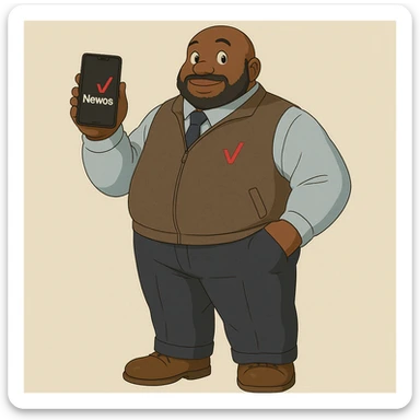 Make the character's skin tone a bit darker, add a clean background, place the Verizon V logo on the sweater vest, and change the text on the phone from 'JUICE' to 'Newos' in a Ghibli-inspired style. sticker