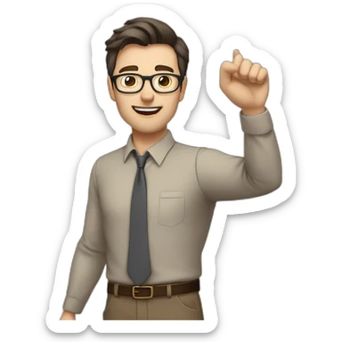 To belt Actively gesturing with hands Pale skinned fit man teacher with dark brown hair in gray jacket, beige office shirt, brown tie, brown pants and vintage glasses. sticker