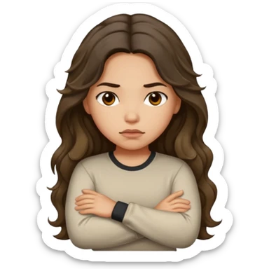 Hispanic light tan girl with long dark wavy hair with arms folded and pouting. Wearing a long sleeve. Hair with middle part. sticker