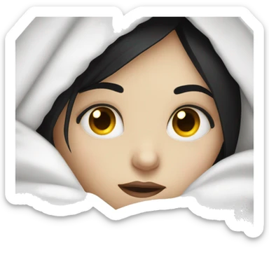 Pale Girl with black hair  laying down cozy in a white blanket sticker
