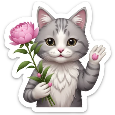 Cute cat Handing pink peonies like reaching a hand and handing them out a bouquet of them not a physical hand the cats hand  make the cat fluffy and grey and white fluffier sticker