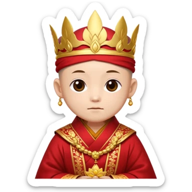 A small chibi-style monk character with red ceremonial robe with layered fabric and decorative gold-like patterns and an ornate red monk crown shaped like lotus petals.

 sticker