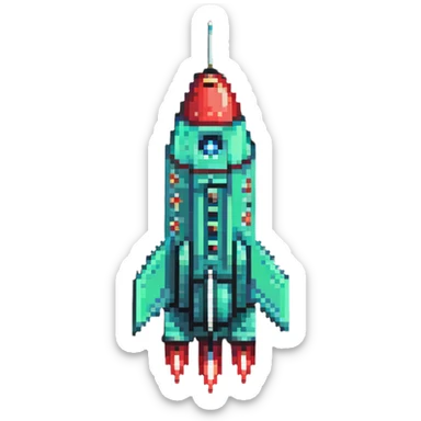 diagonal rocket flying to upper right, green body transitioning to red at the fins, pixel art style sticker
