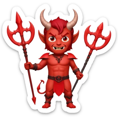 Full body shot 3D Memoji male devil, holding a three-pronged trident. Red skin, small horns, scary pose, solid background. sticker