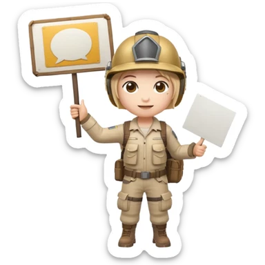 Create a cute emoji-style PUBG Mobile character, chibi version with helmet and backpack, standing in victory pose, holding a blank white sign or paper sheet in both hands in front of chest, ready for text, clean white background, simple emoji design” sticker