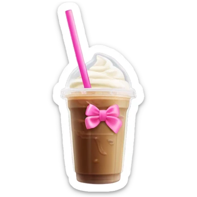 a iced coffee in a plastic up with cream blended in and a pink bow cover on the clear straw  sticker