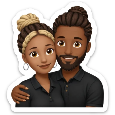 Couple emoji: smiling woman with brown skin, nose ring, makeup, hugging man with dark skin, beard, dreadlocks in a bun, wearing black polo. Warm, loving vibe. sticker