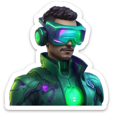 A hiperrealistc cyberwear futuristic metaverse Man playing with holograms cyberwear techwear green and purple neon perfect lights add a Futuristic cyberpunk metaverse headset sticker