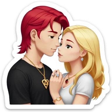young 20 year old couple kissing, girl with long cherry red hair and blonde eyebrows wearing gold necklace with letter A, diamond gold ring, red bracelet and light clothes, boy with pure snow white hair wearing dark t-shirt and silver ring with black stone sticker