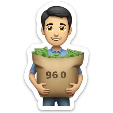 tall skinny white man with short dark hair carrying two sacks with dollar signs on them sticker