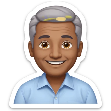 50 yr old indian man, dark skin, grey hair, big smile, white teeth, chubby, no moustache, clean shaven, young style hair, hair brushed back, 5 oclock shadow, bindy on forehead, dress shirt, forehead dot sticker