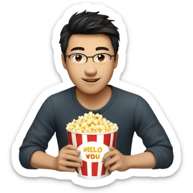 a Chinese 20-year-old boy with curved hair holding a cup of popcorn and saying Hello sticker