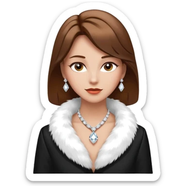 * Character: A stylish lady,brown hair
* ﻿﻿Clothing: A luxurious white fur coat
* ﻿﻿Accessories: A dazzling diamond necklace
* ﻿﻿Expression: Confident, elegant, maybe slightly glamorous
* ﻿﻿Pose: Head slightly tilted or a poised posture
* ﻿﻿Style: Emoji-like, simple but expressive sticker